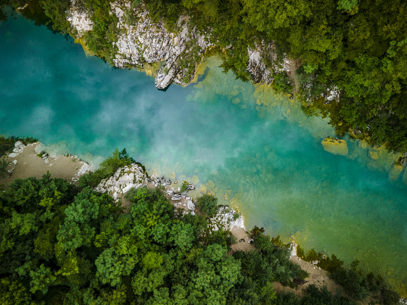 Beautiful Soca River Valley in Slovenia. Landscape and Nature in Europe Drone View from Above.