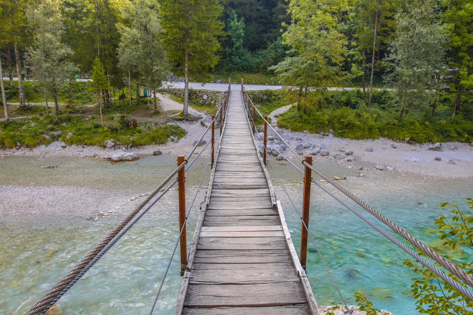 Swingbridge over Soca river near Bovec in Triglav National Park, Slovenia, Europe.